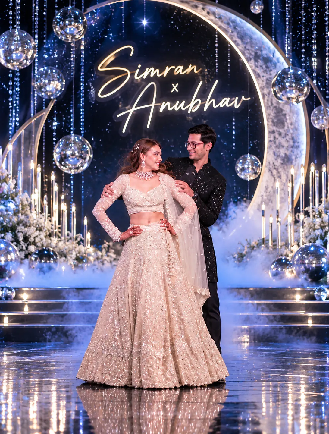 Simran and Anubhav performing a couple dance on a decorated wedding stage